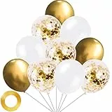 Yiran Palloncini dorati e bianchi – Confezione da 30 palloncini in lattice da 30,5 cm con coriandoli metallici con 1 nastro per feste di compleanno, matrimoni, anniversari e celebrazioni decorazioni