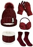 Tuopuda Cappello Sciarpa e Guanti Touch Screen Donna Invernali Berretto in Maglia Beanie Collo della Ciarpa 5 Pezzi Beanie Hat Scaldacollo Calzini Ispessiti Paraorecchie Earmuffs di Peluche, Rosso