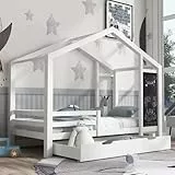 SogesHome Lettino per cameretta dei bambini, in legno massello con pannello e 2 cassetti, con recinzione e rete a doghe, bianco, 90 x 200 cm