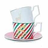 ZOEDT Set di 2 Tazze da caffè, Tazza da caffè in Ceramica E Piattino, Motivo Dipinto a Mano Alce di Natale, per Latte, Cappuccino, tè, 7,5 Once