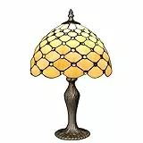 ADM - 'Abat-Jour con gemme' - Lampada da comodino con paralume in vetro saldato lavorazione Tiffany e supporto in metallo bronzato - Giallo - H41 cm
