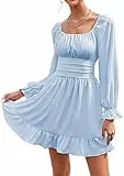 chuangminghangqi Abito da Donna con Scollo Quadrato e Maniche a Lanterna Mini Vestiti Casual Estivi Vintage a Trapezio con Spalle Scoperte con Elastico in Vita Vestito con Scollo all'Americana(Blu,M)