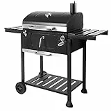 MasterCook - Barbecue a carbonella in acciaio con ruote robusto e stabile con doppia griglia, termometro e regolazione cestello, con ripiani laterali