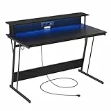VASAGLE Scrivania da Gaming con Luci LED e Prese di Corrente, Scrivania da Computer, Supporto per Monitor, Tavolo per 2 Monitor, Ufficio, Camera da Letto, 60 x 120 x 76 cm, Nero Classico LWD192B56