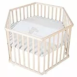 roba Box per Bambini Liebhabear + Materasso, Esagonale, Ruote con Freni, Orsetto, Base Regolabile in Altezza, da 0 a 24 Mesi, Legno Naturale
