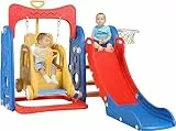 Scivolo per Bambini, 3 in 1 Parco Giochi per Bambini, Centro Attività per Bambin, Set di Scivoli da Giardino o Cameretta, con Altalena Regolabile e Scivolo, Porta da Pallacanestro
