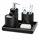 Lewondr 5 Pezzi Set di Accessori da Bagno in Resina con Rilievo, Dispenser con Erogatore, Portaspazzolino con 2 Scomparti, Portasapone, Vassoio Rettangolo, Contenitore con Coperchio, Nero