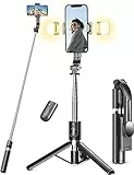 Bastone Selfie Treppiede Migliorato- 2 Luce di Riempimento, 114 CM Selfie Stick Treppiede per Telefono Extra Lungo con Telecomando Staccabile Compatibile con iPhone Samsung Smartphones
