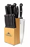 Ginsu Gourmet KISO, Set Coltelli da Cucina Lavabile in Lavastoviglie, Set di 14 Pezzi in Acciaio Giapponese, Con Blocco Portacoltelli Finitura in Legno, Manico Nero