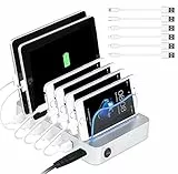 PRITEK Stazione di Ricarica USB con Cavi USB Corti per Dispositivi Multipli 50W/10A Organizer a 6 porte per Cellulare Tablet Auricolare MP4 e altri Gadget Abilitati (Argento)