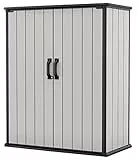 KETER Premier - Capanno alto in resina per esterni, con staffe per scaffali, per mobili da patio, piscina e bici, colore: grigio e nero