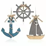com-four® 3X Decorazione da Appendere con Barca, Volante e Ancora in Legno - Decorazione di spedizione da Appendere - Decorazione da Appendere Marittima per la casa (3 Pezzi - 15 x 10,5 cm)