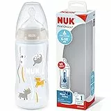 NUK First Choice+ biberon | 6-18 mesi | Controllo temperatura | Flow Control | Sfiato Anti-Colica | Senza BPA | 300 ml | Tettarella in silicone | Safari (neutro)