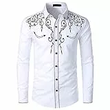 NOBRAND JINYAUN elegante camicia da cowboy occidentale da uomo ricamata, vestibilità aderente, casual, a maniche lunghe, camicia da uomo per feste di nozze, bianco, XL