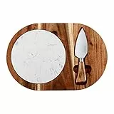 hecef Set di taglieri per formaggi in legno ovale, tagliere per formaggi in legno di acacia con marmo bianco e coltello da formaggio, vassoio per formaggi, torte, antipasti
