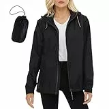 BenBoy Giacca Impermeabile Donna Antipioggia Vento Traspirante Trekking Pioggia Antivento Giacca Leggero Cappotto con Cappuccio pieghevole con tasca YY63189W-Black-L