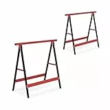 Relaxdays Set da 2 Cavalletti da Lavoro, 74x78x40 cm, Carico Max. 100 kg Pieghevoli, da Officina, in Acciaio, Rosso Nero