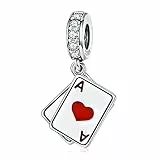 Qings Ciondolo di Giocando a Carte in Argento 925, Poker Asso di Cuori Picche Charm Ciondolo Fortunato Adatto a Tutti i Tipi di Bracciali e Collane per Donne e Ragazze