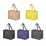 aceyoon 5 Pezzi Borsa Spesa Pieghevole Grande, Borse Tessuto Non Tessuto con Manici Lunghi, Borse Riutilizzabili per Shopping, Picnic, Viaggi, Spiaggia 41x26x33cm (Nero,Grigio,Blu Navy,Giallo,Kaki)