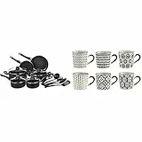 Amazon Basics - Batteria da cucina, 15 pezzi con rivestimento antiaderente & H&H Vhera Set 6 Tazzine Caffè, Stoneware, Bianco/Nero, 90 ml
