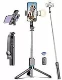 107CM Bastone Selfie con Luce di Riempimento, 4 in 1 Estensibile Treppiede per Telefono con Telecomando Staccabile, Asta Selfie Supporto per Cellulare per iPhone e Android, Vlog, Live Streaming