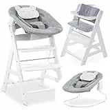 Hauck Seggiolone Pappa Alpha Plus con Sdraietta Neonati Powder Bunny - Seggiolone Legno Evolutivo con Sdraietta Dondolo Neonati e Cuscino - Bianco