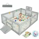 LIFEZEAL Box Pieghevole per Bambini, Recinto neonato in Tessuto Oxford e Rete Traspirante, con borsa, Palline, Canestro, 8mm Tappeto per Gattonare e Anelli per Bimbi da 0 a 3 Anni (188x157cm, grigio)