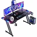 HLONONE 120 x 60cm Scrivania Gaming LED Tavolo Gaming Ergonomica Grande Postazione con Desktop in Fibra di Carbonio per Computer con Porta Bicchiere e Ganci per Cuffie, Nero