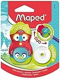Maped – Temperamatite con serbatoio + 1 foro, gomma bianca rotante, senza PVC, con cappuccio di protezione, design Totem rosso/verde