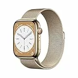 Apple Watch Series 8 (GPS + Cellular, 45mm) Smartwatch con cassa in acciaio inossidabile color oro con Loop in maglia milanese color oro. Fitness tracker, app Livelli O₂, resistente all’acqua