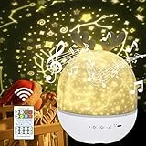 URAQT Luce Notturna Bambini Proiettore, 360°Rotazione Musicale Proiettore per Bambini Notturna con 6 Colori, Telecomando, Timer, USB Ricaricabile Proiettore Stelle Soffitto, Regalo Neonato, Compleanno