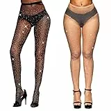 TSHAOUN 2 Paia Donna Calze a Rete con Strass e Glitter, Calze a Rete Elastiche con Strass Collant Brillantini Collant Glitter per Feste, Ballo di Fine Anno, Spettacolo, Halloween, Cosplay (Nero,Nudo)