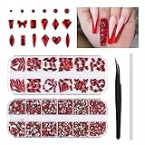 EBANKU 3120Pcs strass rossi per unghie, gemme di cristallo per unghie, kit gioielli di forma mista diamanti con pinzette e penna a cera per artigianato e unghie