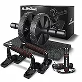 Amonax attrezzi palestra casa set (ruota addominali attrezzi, maniglie per flessioni, corda per saltare), sport kit ab roller fitness rotella rullo, workout ab wheel