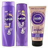 Sunsilk Liscio Perfetto Shampoo per Capelli Lisci Active-Fusion 250ml + Balsamo ad Azione Anti Crespo con Biotina 200ml + Trattamento Intensivo 1 Minute Wow con Olio di Argan 180ml - 3 Prodotti