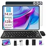 DMOAO Android 13 Tablet 10 Pollici con 14GB RAM+128GB ROM(1TB Espanso), Octa-Core, WiFi 5G, Fotocamera 8MP+5MP, 8000mAh, Tablet con Tastiera e Mouse, BT5.0/GPS/OTG, Argento