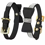 LOVPE Collare per cani e gatti in pelle di velluto con fiocco e strass, per cuccioli/gattini, taglia S (collo per:30-45 cm), nero)