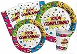 Kit Party Tavola Buon Compleanno Comics per 24 persone (112 pezzi: 24 piatti Ø23cm, 24 piatti Ø18cm, 24 bicchieri 200ml, 40 tovaglioli 33x33cm) in carta compostabile eco-friendly