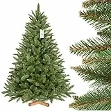 FairyTrees albero di Natale artificiale ABETE Rosso/Peccio naturale, tronco verde, con supporto in legno, 150cm, FT01-150