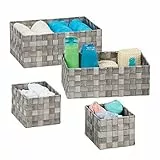 Relaxdays Cestino Portaoggetti in Plastica, Set da 4, Intrecciato, Cesta per Bagno, Rettangolare, 3 Misure, Grigio, 90% 10% Ferro, 1 pz
