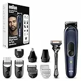 Braun Regolabarba Tagliacapelli Uomo, Rasoio Elettrico Barba e Capelli, 11-in-1 Styling Kit Per Barba, Capelli, Corpo, Naso e Orecchie, 100 Minuti Di Utilizzo, Idea Regalo, MGK7450 Blu