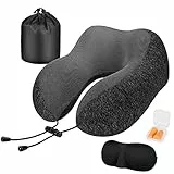 Masswish Cuscino da Viaggio Collo Aereo Memory Foam, Cuscino Cervicale da Viaggio Portatile, Viaggio Accessori Utili, Inclusa Maschera per Dormir, Tappi auricolari, Borsa per Trasporto, Nero