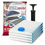 Spacesaver Premium Sacchetti Sottovuoto, 80% in più di Stoccaggio, Pompa a Mano per Viaggio, Doppia Chiusura, Tripla Valvola Turbo-Guarnizione per il Massimo Risparmio di Spazio-Medi 4 Pezzi