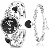 Set di Orologio e Bracciale con Cuore per Donna Ragazza Orologio da Polso Elegante con Strass di Diamanti Braccialetto di Cristallo in Argento Regalo per Festa Compleanno Fidanzata (Nero)