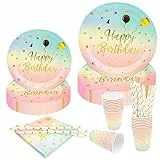 Set Compleanno Bambina,120 pcs, Pastello Arcobaleno, Stoviglie di Carta per Feste, Piatti Tovaglioli Tazze per Matrimonio Baby Shower