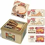 Forno Bonomi, biscotti assortiti in una scatola regalo di latta. La migliore selezione della nostra pasticceria in una confezione quadrata da 770 grammi.