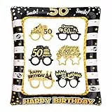 Cornice portafoto per 50 anni e 6 occhiali di carta, accessori per cornice portafoto compleanno 50 anni cornice selfie gonfiabile, cornice per foto in oro nero, decorazioni per feste di compleanno per