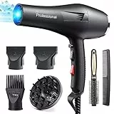 HappyGoo Asciugacapelli professionali ioni 2400W Phone con 1 diffusore 2 ugelli styling 1 Pettine Concentratore, Phon professionale forte per la famiglia, salone di capelli, Parrucchieri