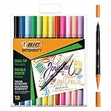 BIC Intensity Dual Tip Pennarello a colori classici e pastello con punta sottile (0,7 mm) e punta a pennello flessibile, colori assortiti, confezione da 12