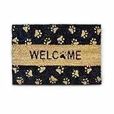 Relaxdays Zerbino da Ingresso, Scritta Welcome, Decorato con Zampette, 40 x 60 cm, Tappetino Asciugapassi per Casa, Legno_Composito, Nero/Beige